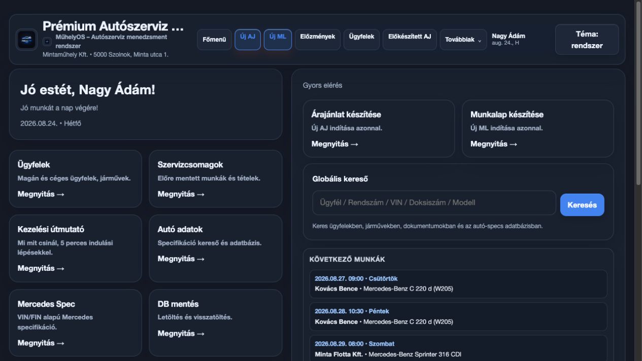 Az új MűhelyOS műhelyirányítópult gyors elérésekkel és következő munkákkal